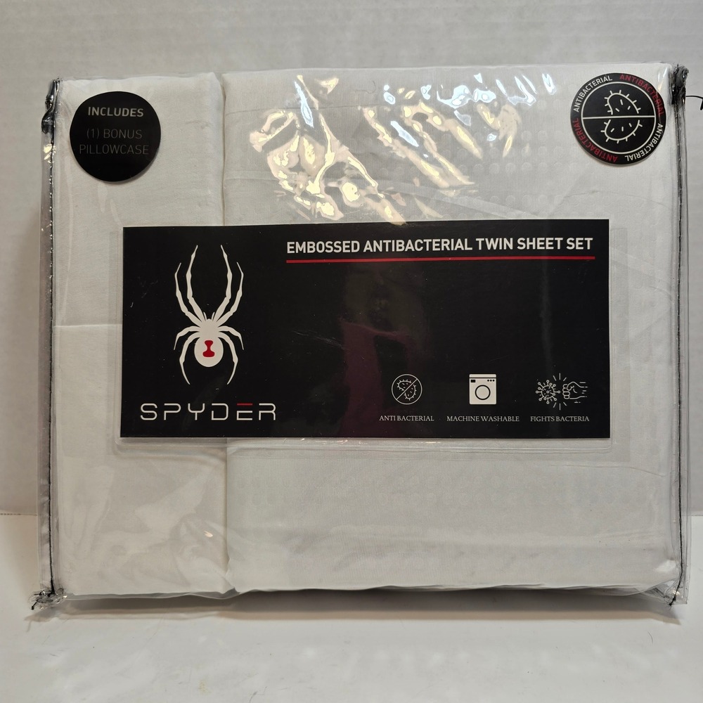 Spyder Embossed‎ Antibacterial Twin Sheet Set White Includes Bonus Pillowcase